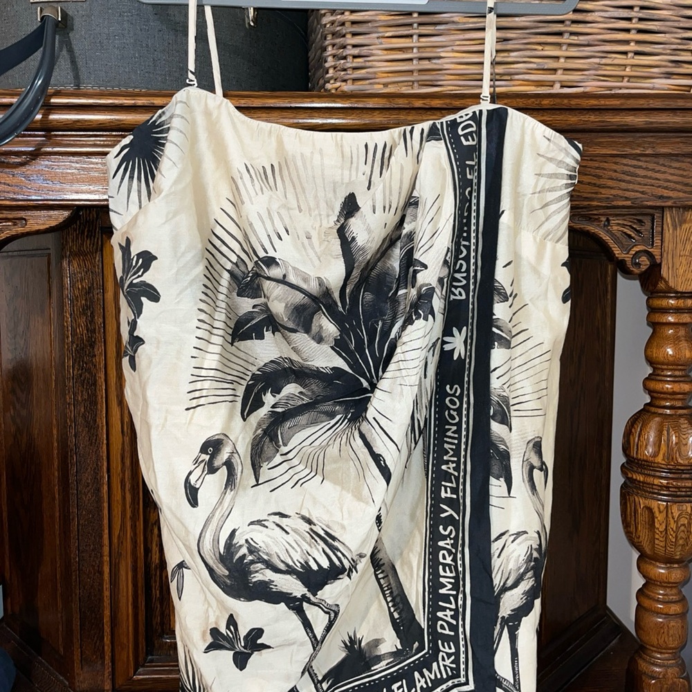 H&M Cream and Black Flamingo Print Mini Dress adjustable straps